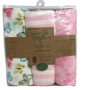Touched By Nature Swaddle Wraps Organic Cotton Butterflies Pink Floral 0-3 M New